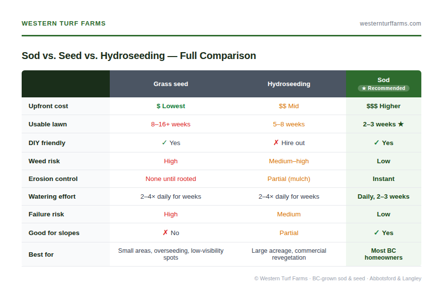 sod vs seed vs hydroseed comparison table